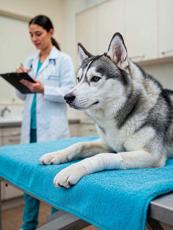 A Siberian Husky with a bandaged leg rests on a table