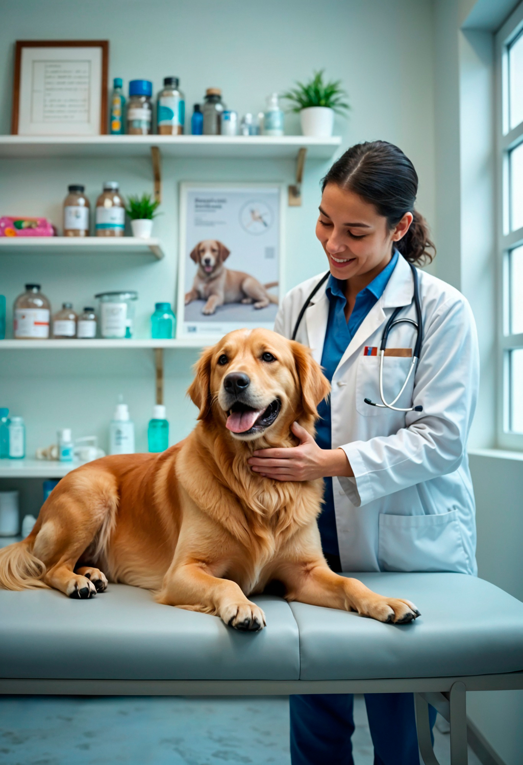 dog sitting on table with vet